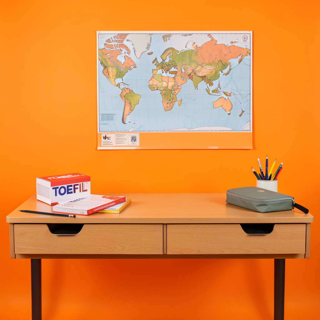 A neatly arranged study desk with TOEFL preparation materials, a pencil case, and a world map poster on the wall behind.