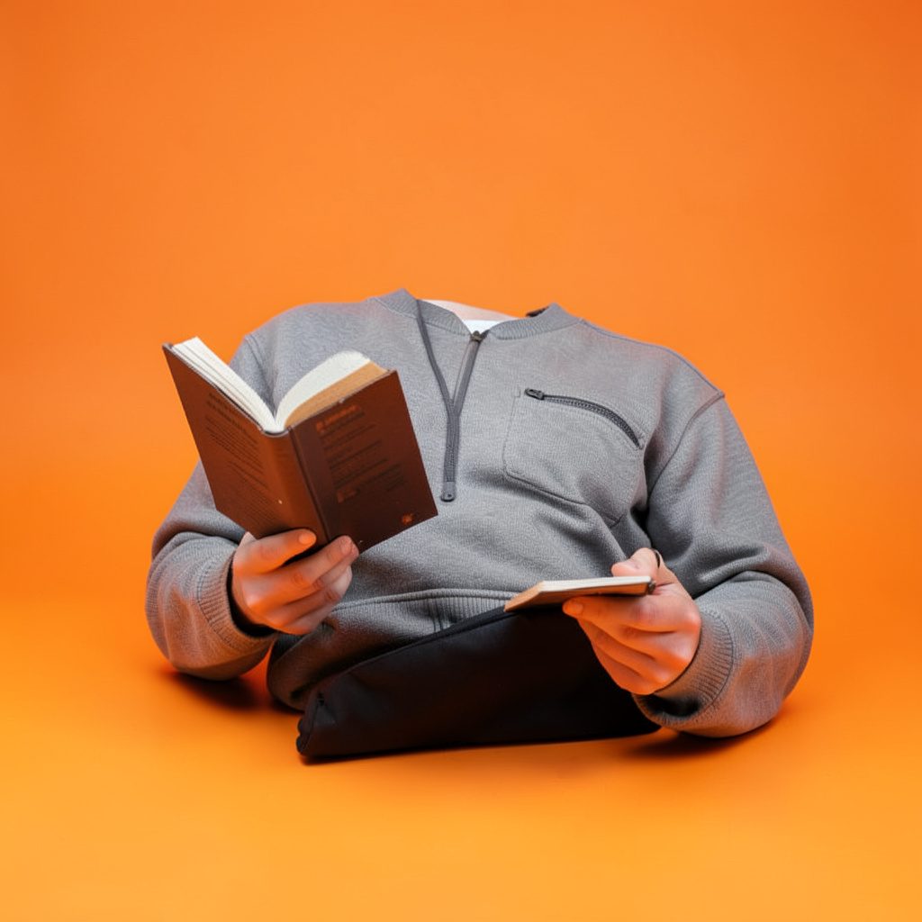 A young student reading a book at a desk with warm natural light, soft teal and navy tones in the background, calm and focused mood.